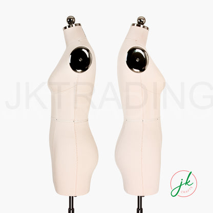 Two professional white dressmaker forms with black accents on a white background, featuring the brand 'JK Crafts'.