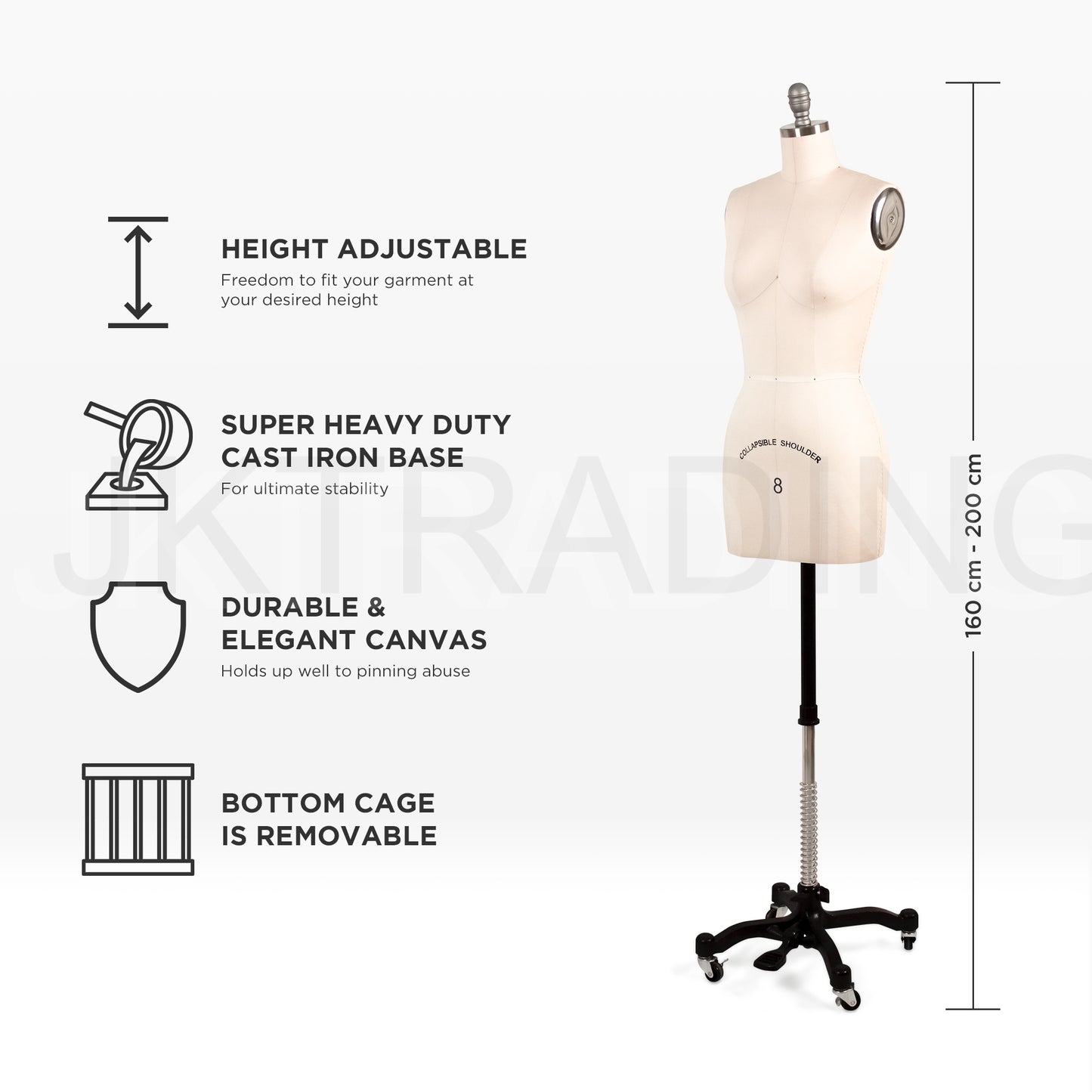 Height-adjustable features and dimensions diagram of the PRO-FEM professional sewing dress form.