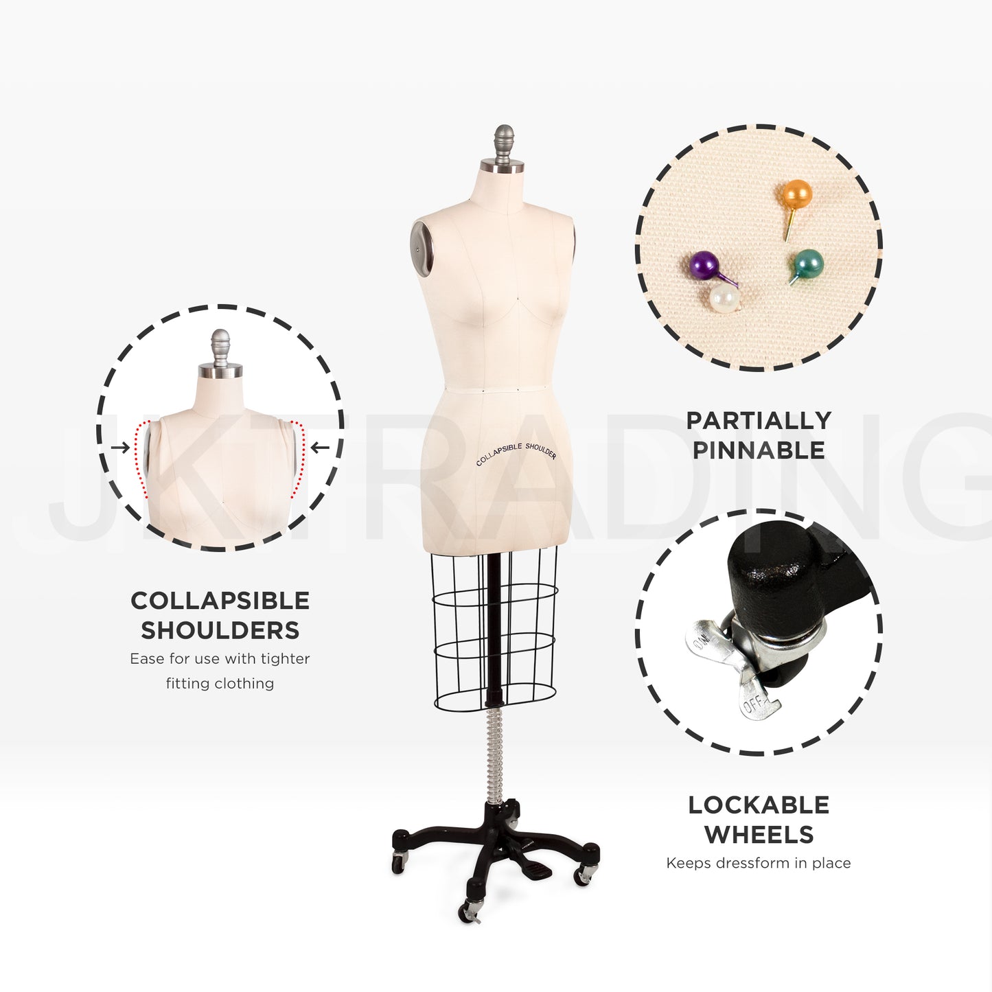 Features overview of the female tailors dummy highlighting pin-insertable linen and collapsible shoulders.