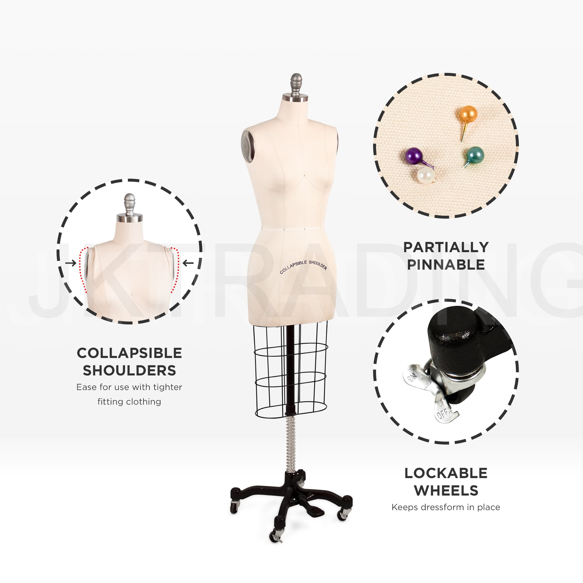 Features overview of the female tailors dummy highlighting pin-insertable linen and collapsible shoulders.