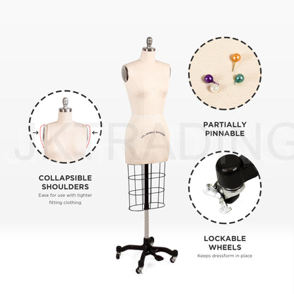 Features overview of the female tailors dummy highlighting pin-insertable linen and collapsible shoulders.