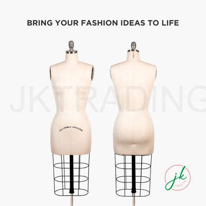 Front and back profile view of the professional linen-covered female draping dress form mannequin.