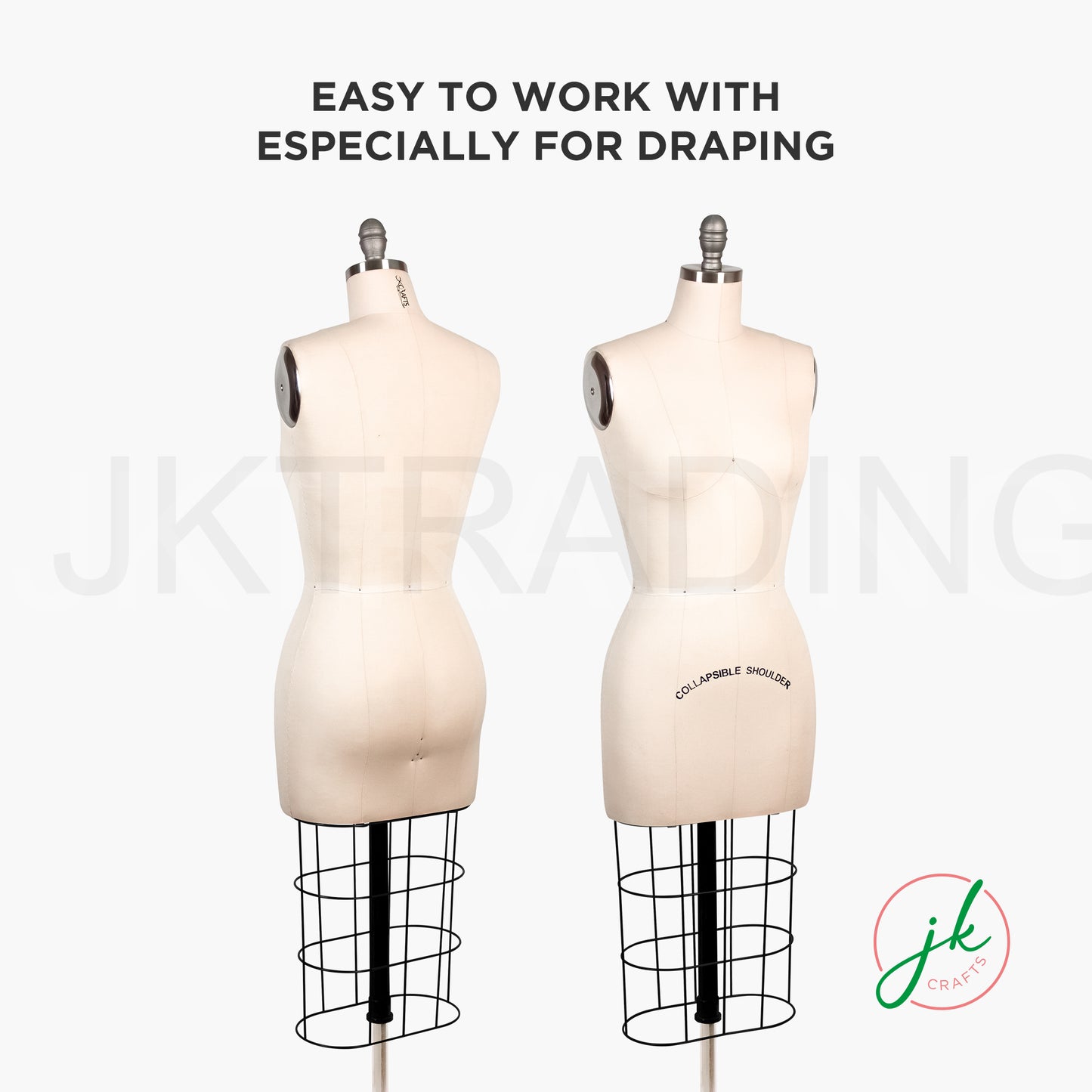 Two dress forms with wire stands on a white background, featuring text about ease of use for draping.