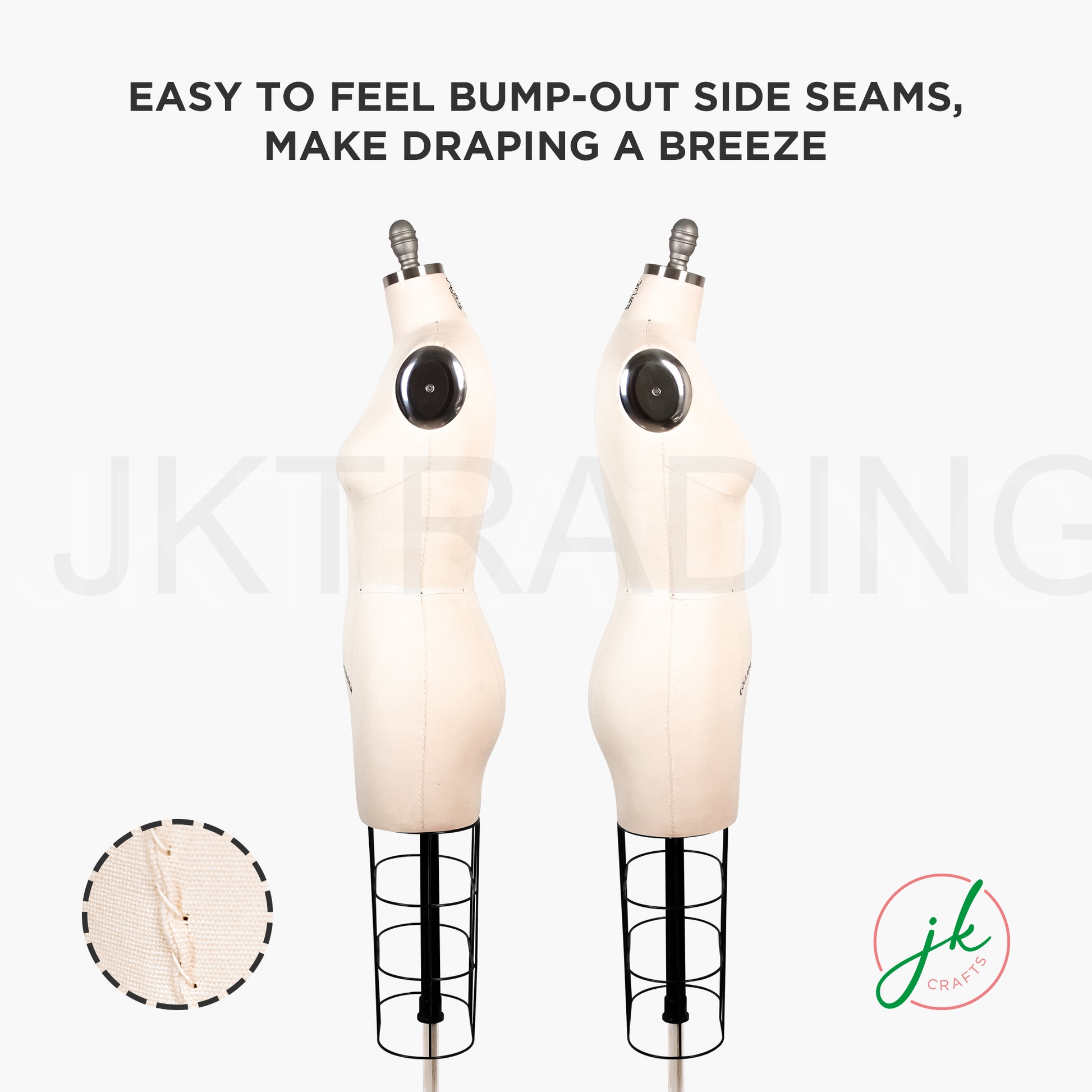 Two mannequins with bump-out side seams on a white background, featuring JK Trading logo.