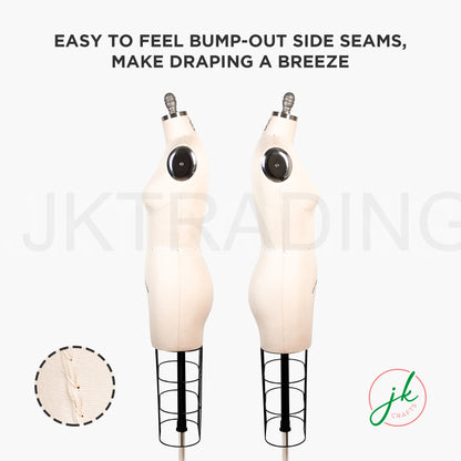 Two mannequins with bump-out side seams on a white background, featuring JK Trading logo.