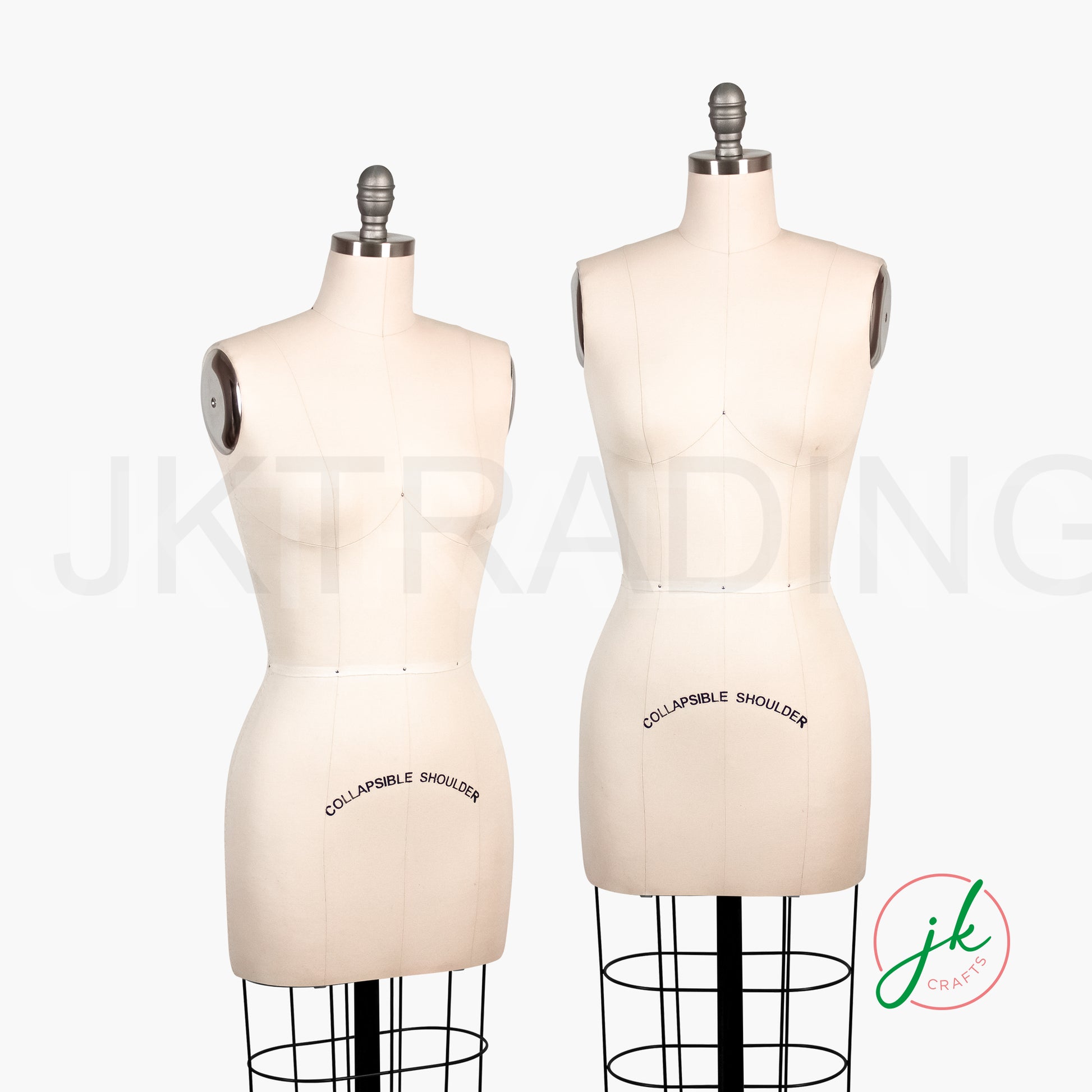 Two dress forms with 'Collapsible Shoulder' label on a white background, branded 'jk mannequin'.