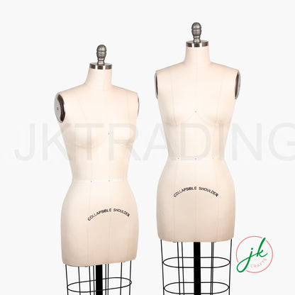 Two dress forms with 'Collapsible Shoulder' label on a white background, branded 'jk mannequin'.