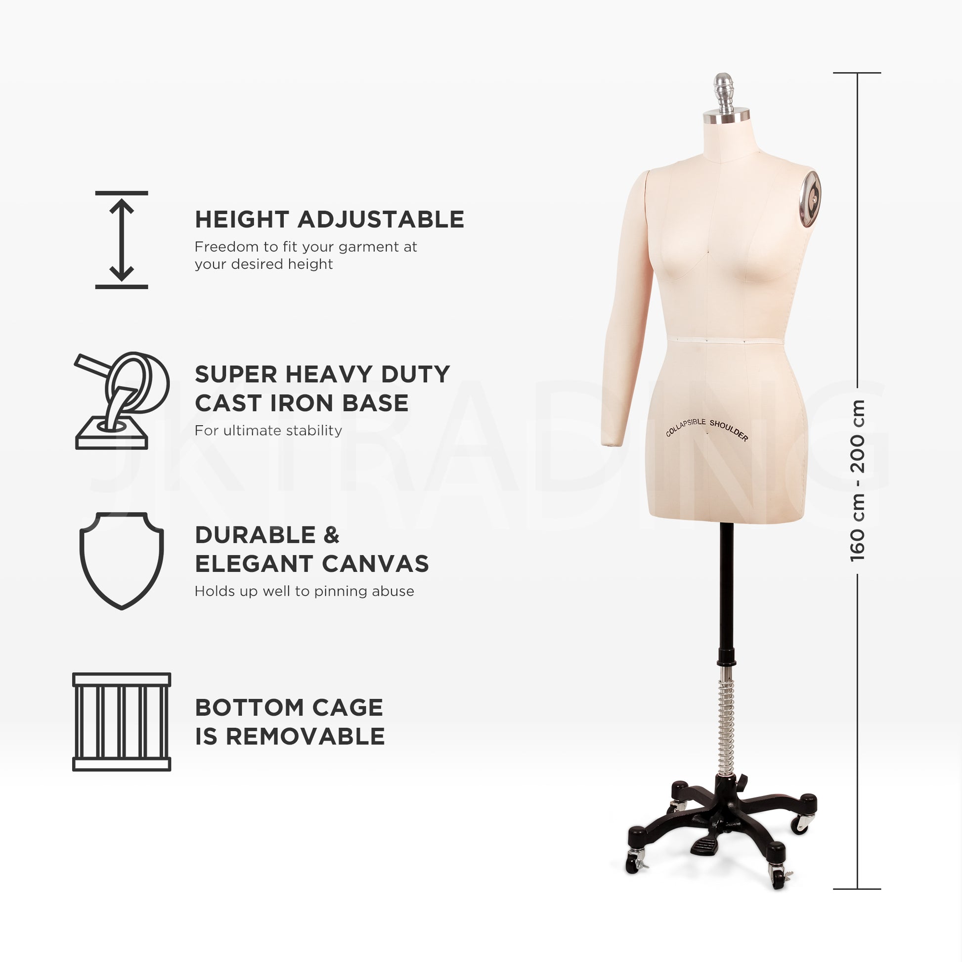 Height adjustment and dimensions graphic chart for the PDF-ARM-FEM professional sewing dress form.