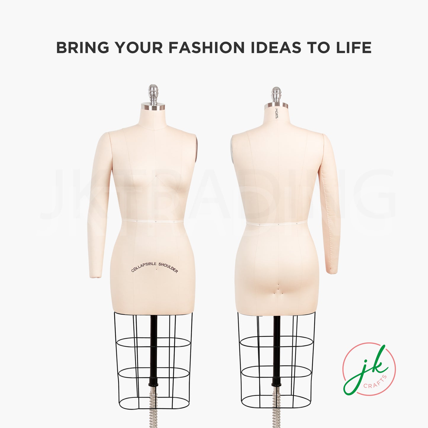 Two mannequins on stands with text 'Bring your fashion ideas to life' and a logo in the corner.