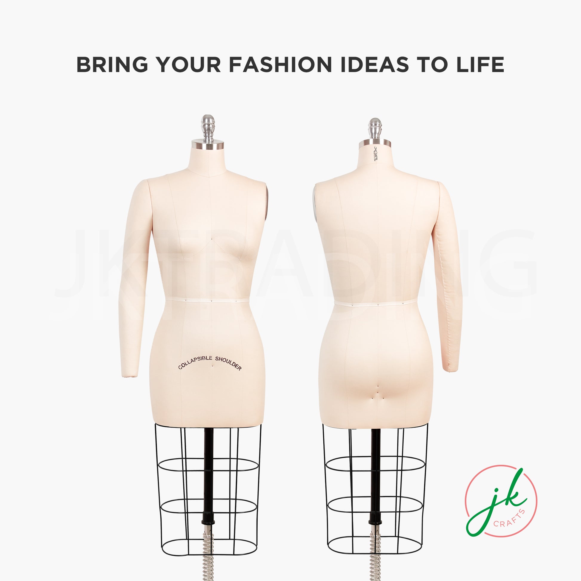Two mannequins on stands with text 'Bring your fashion ideas to life' and a logo in the corner.