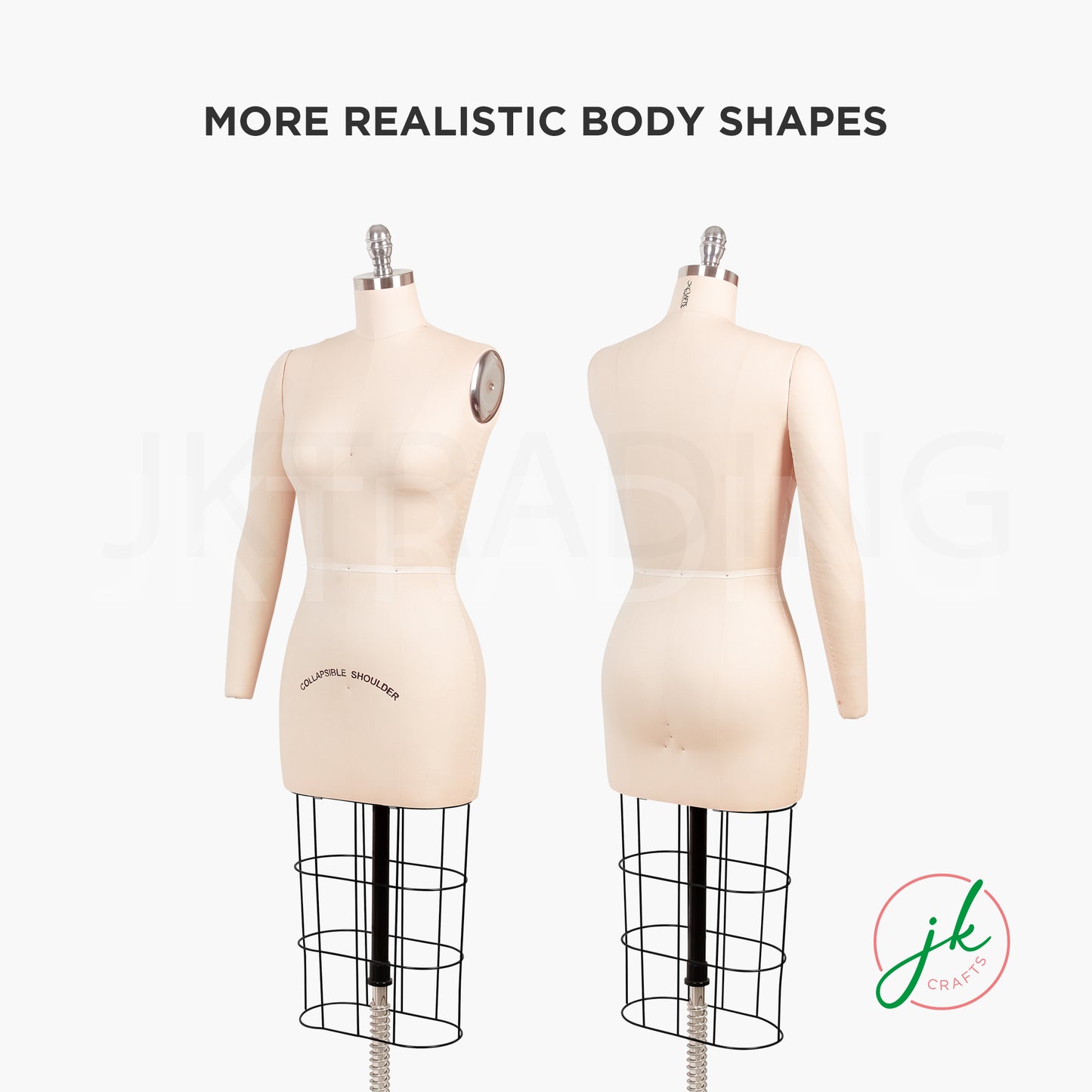 Side profile views highlighting the realistic body shape and removable shoulder-to-wrist arm design.