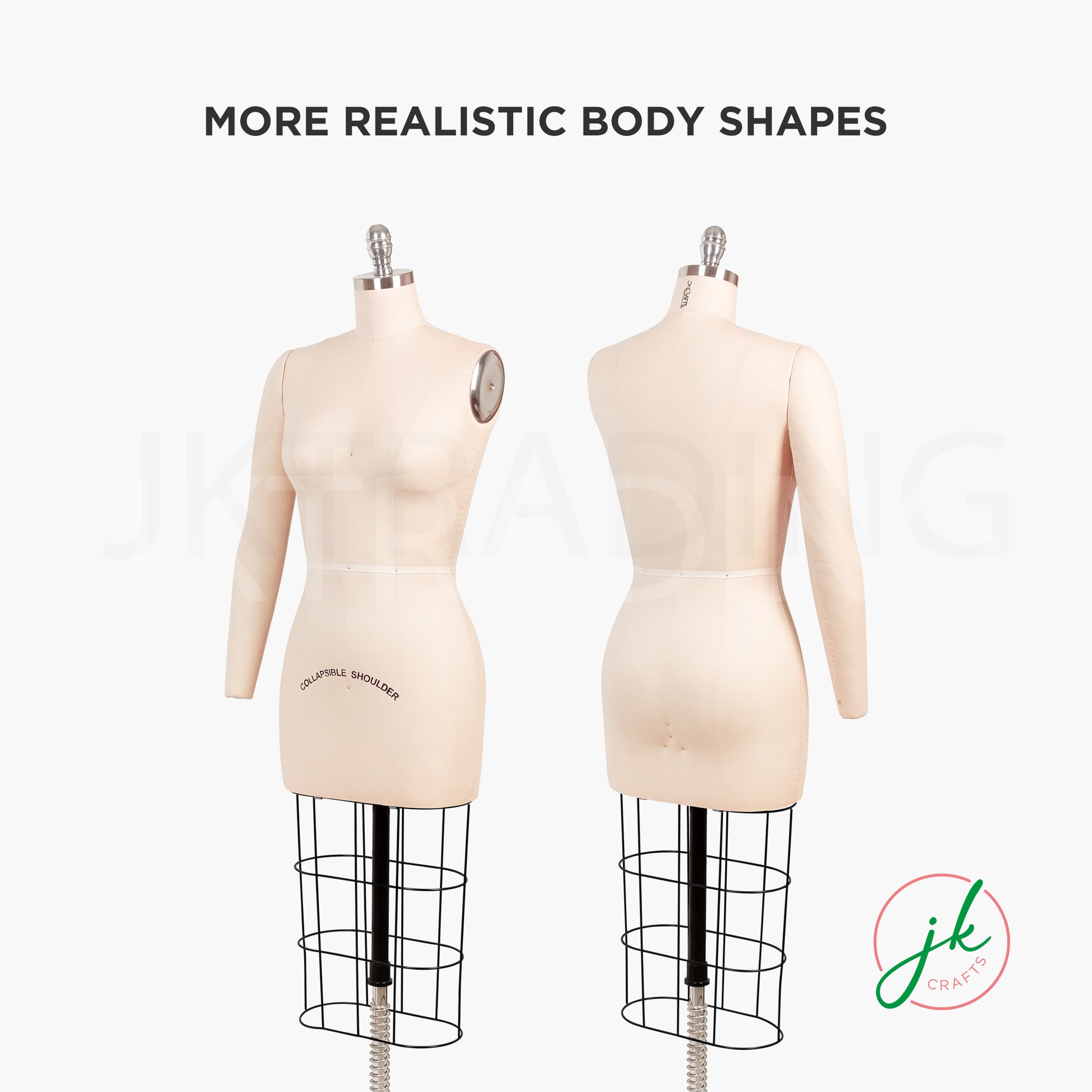 Side profile views highlighting the realistic body shape and removable shoulder-to-wrist arm design.