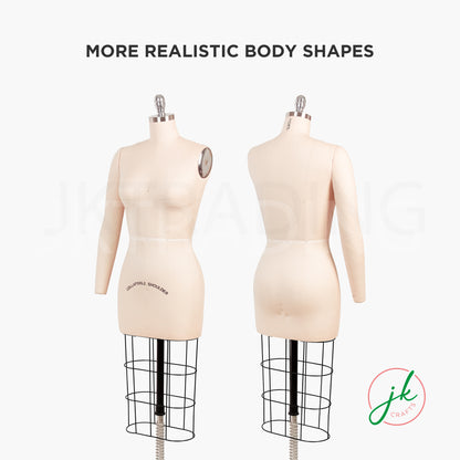 Side profile views highlighting the realistic body shape and removable shoulder-to-wrist arm design.