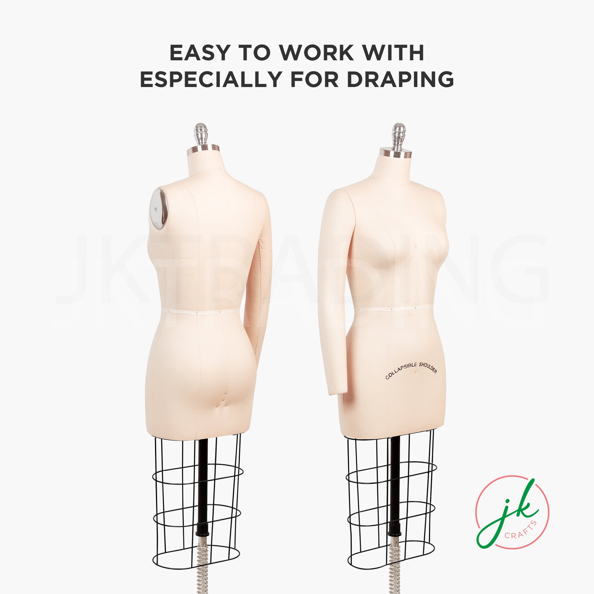 Two dress forms on stands with text 'Easy to work with especially for draping' and a logo in the corner.