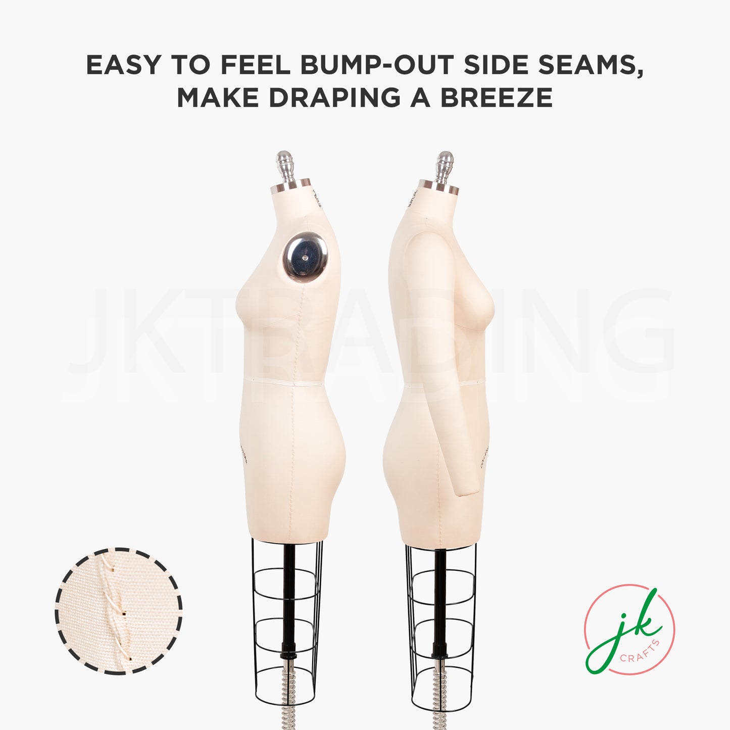 Two mannequins with side seams highlighted on a white background, featuring text about bump-out side seams.