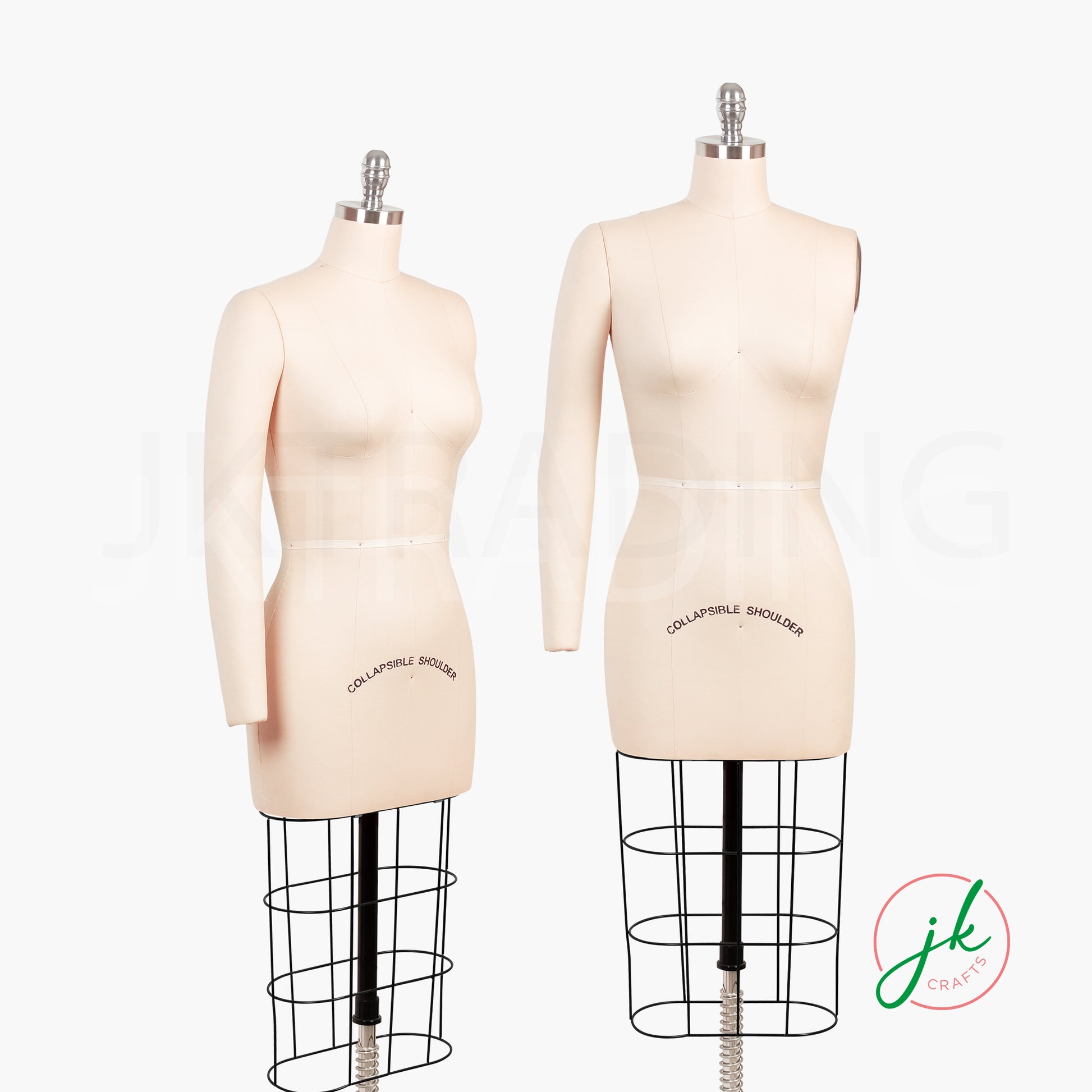 Two dress forms on stands with 'Collapsible Soulder' text, branded 'jk couture'.