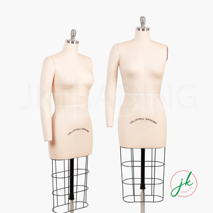 Two dress forms on stands with 'Collapsible Soulder' text, branded 'jk couture'.