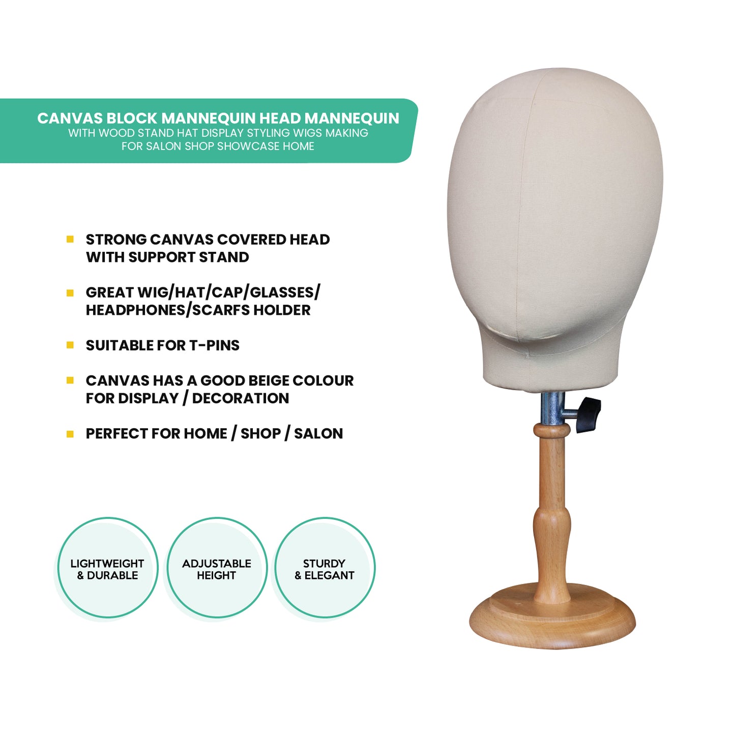 Canvas block mannequin head with wooden stand on a white background