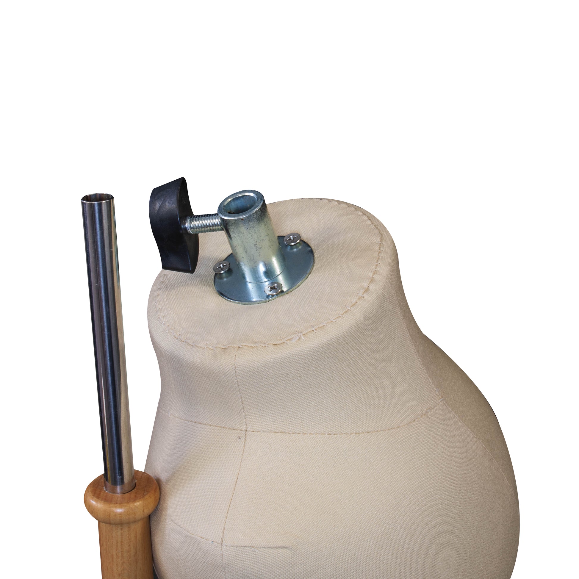 Mannequin torso with a wooden stand and metal components on a white background