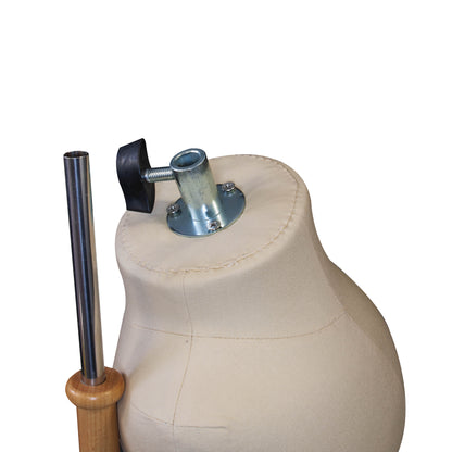 Mannequin torso with a wooden stand and metal components on a white background