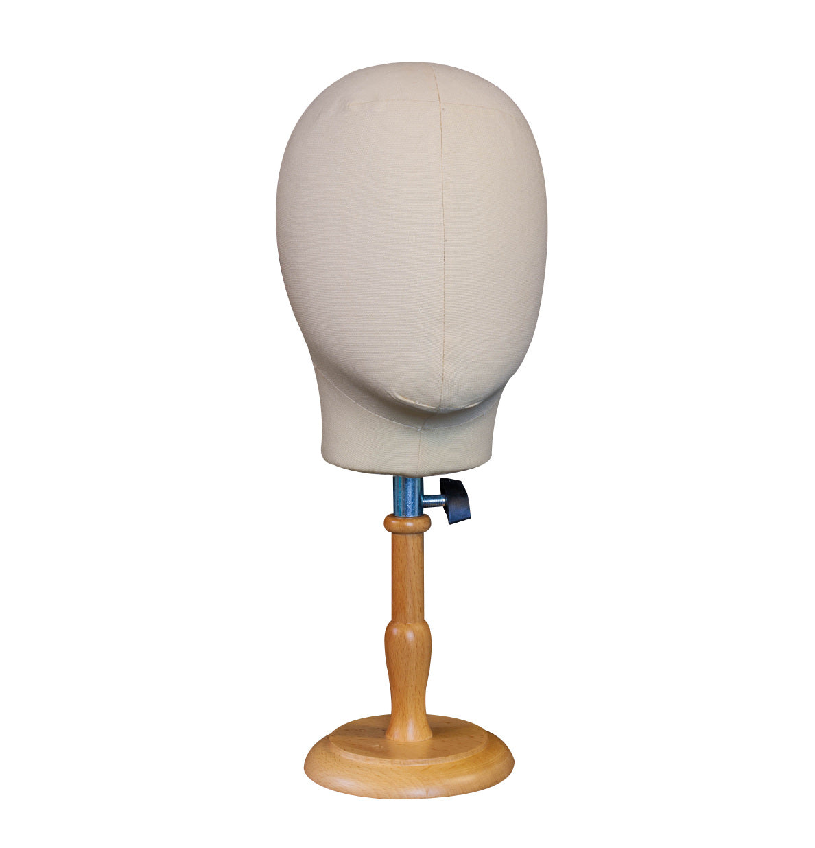Mannequin head on a wooden stand with a white background