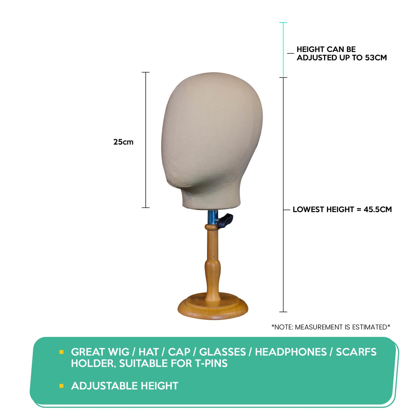 Mannequin head on a stand with height measurement details on a white background