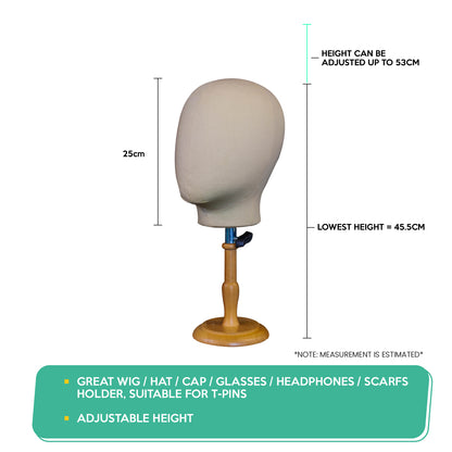 Mannequin head on a stand with height measurement details on a white background