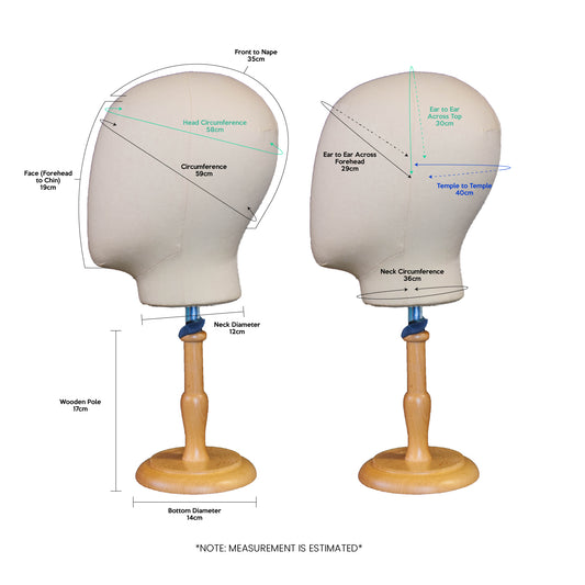 Two mannequin heads with measurement labels on a white background
