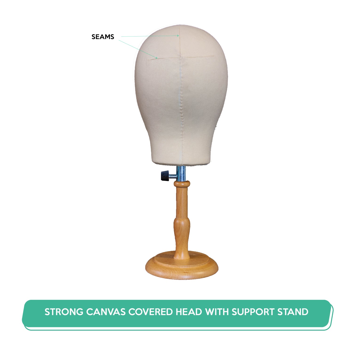 Mannequin head with wooden stand on a white background
