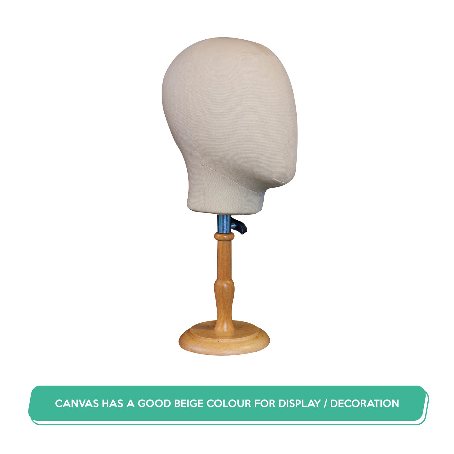 Mannequin head with wooden stand on a white background