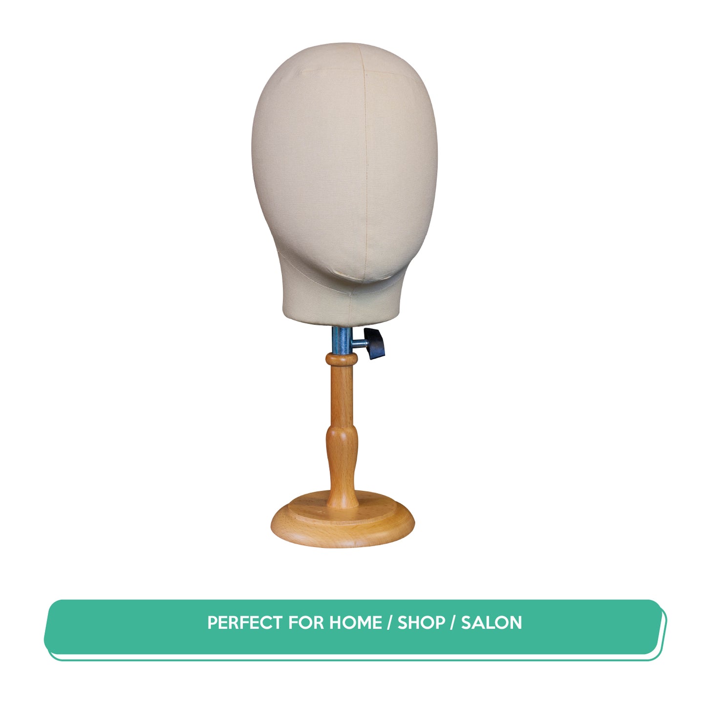 Mannequin head on a wooden stand with a white background