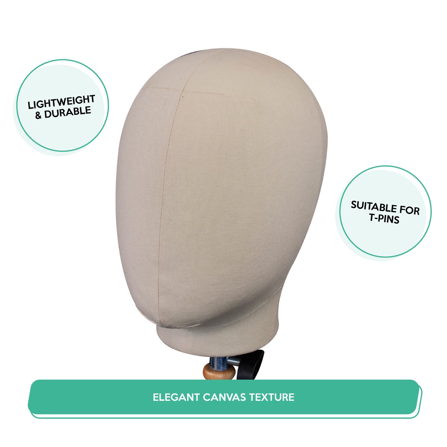Beige mannequin head with text highlighting features on a white background