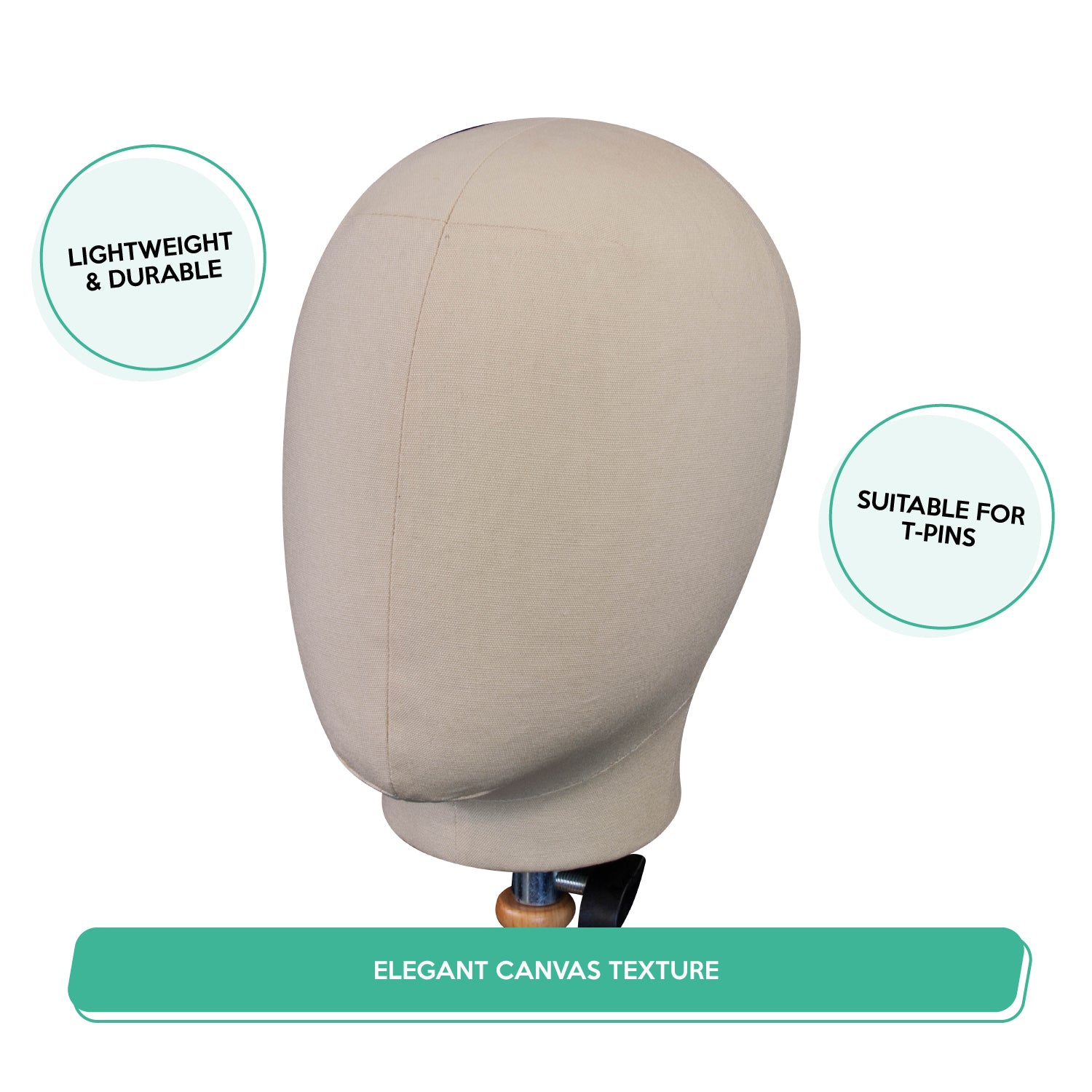 Beige mannequin head with text highlighting features on a white background