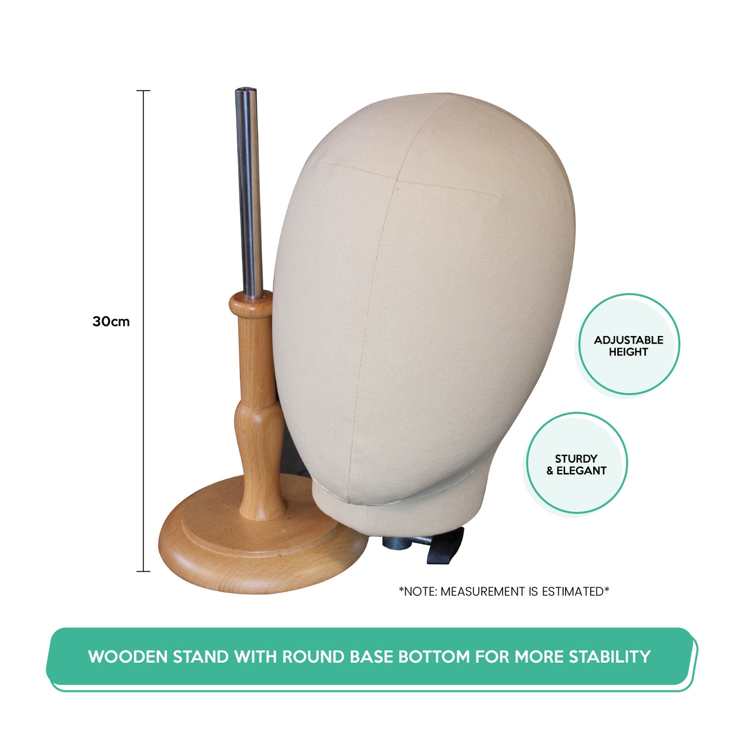 White exercise ball on a wooden stand with measurements and features highlighted
