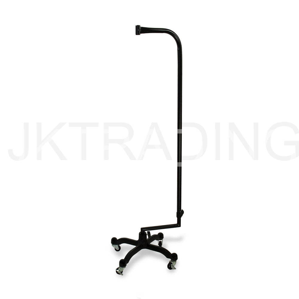 Empty black heavy-duty height-adjustable rolling stand base component for the professional dress form.
