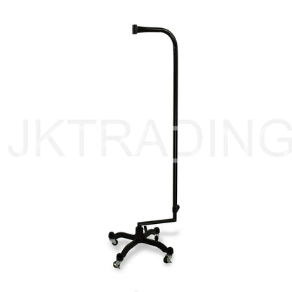 Empty black heavy-duty height-adjustable rolling stand base component for the professional dress form.