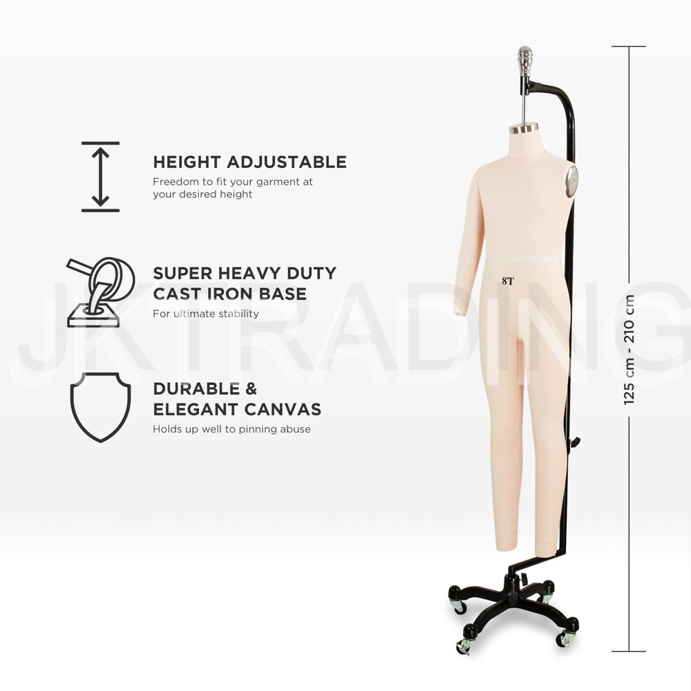 Height-adjustable features and technical dimensions infographic for the professional kids sewing mannequin.