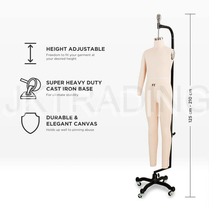 Height-adjustable features and technical dimensions infographic for the professional kids sewing mannequin.