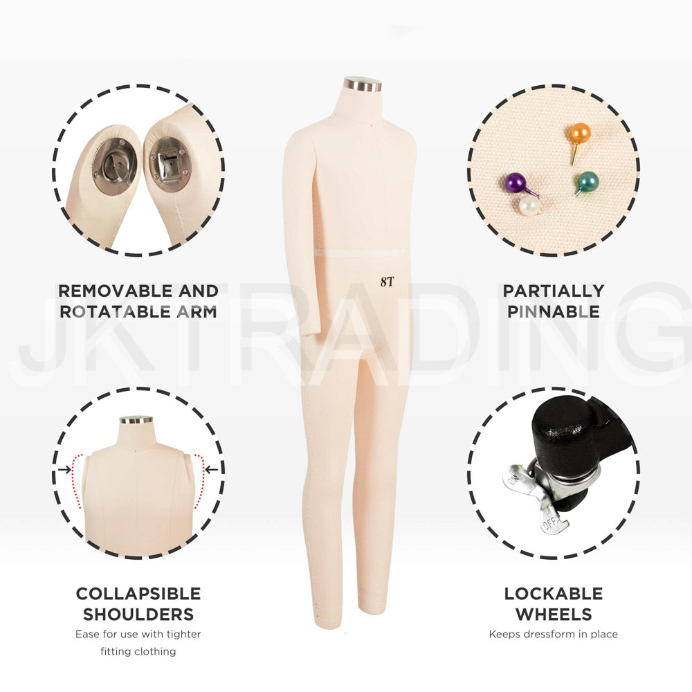 Features overview of the kids tailor dummy highlighting the removable magnetic arms and linen fabric cover.