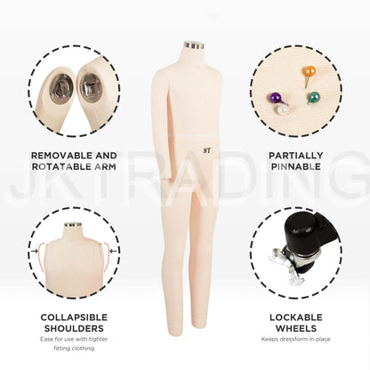 Features overview of the kids tailor dummy highlighting the removable magnetic arms and linen fabric cover.
