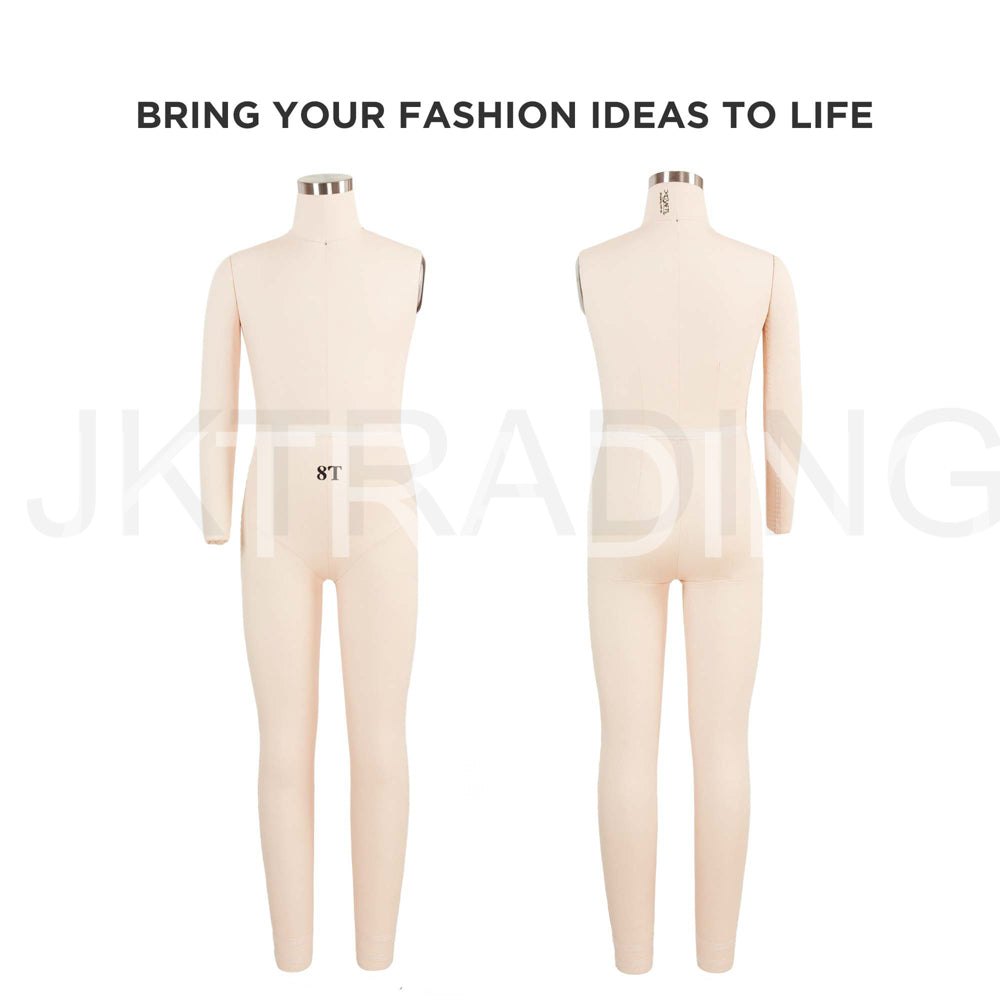 Front and back full-length profile views of the linen-covered professional children's draping form.