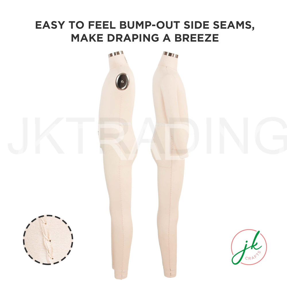 Close-up diagram showing the easy-to-feel bump-out side seams on the professional kids apparel form.