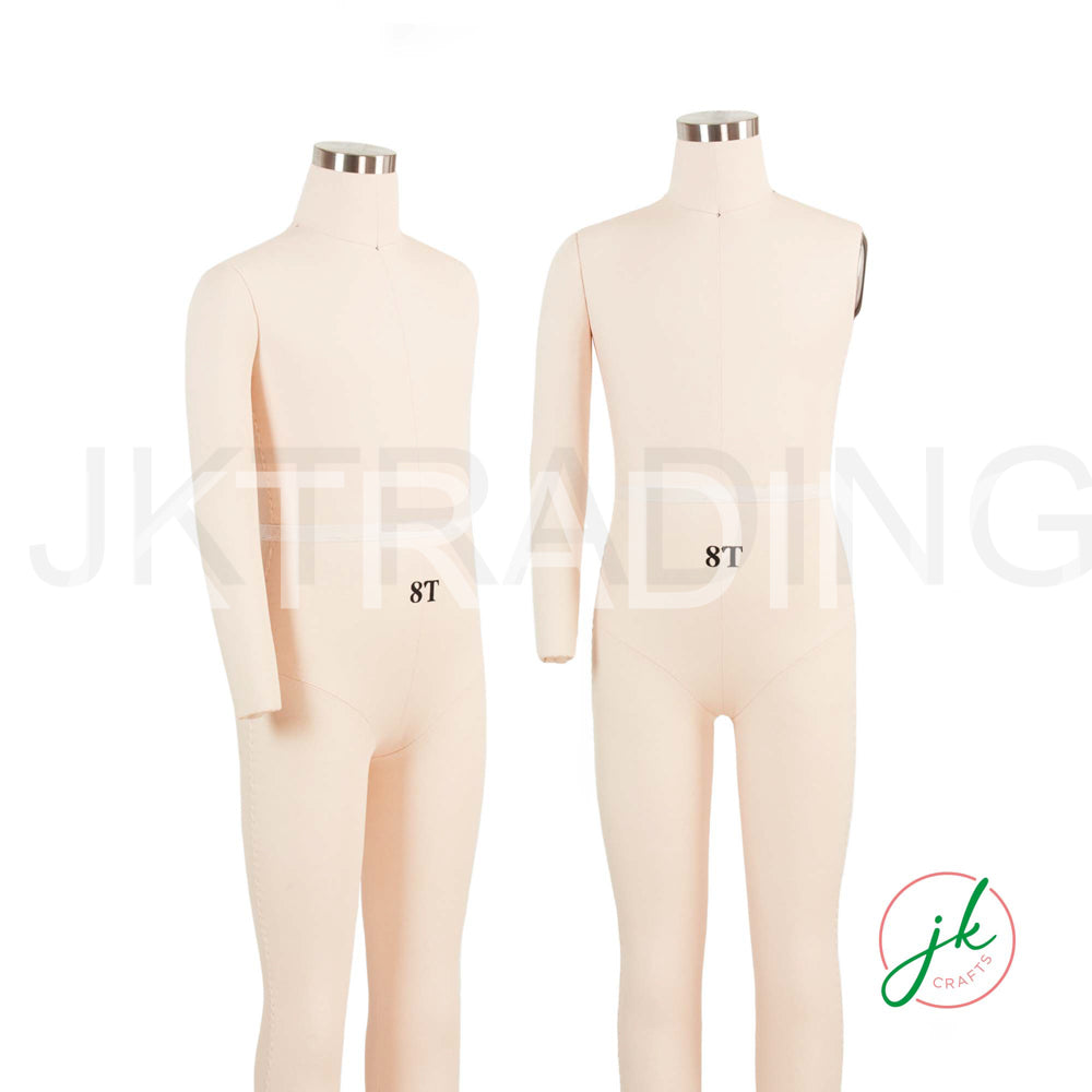 Scale comparison profile view of two professional children's tailor dummies showing realistic body shapes.