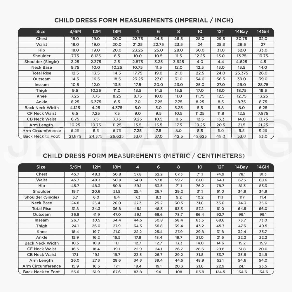 Child dress form measurements chart in imperial and metric systems.
