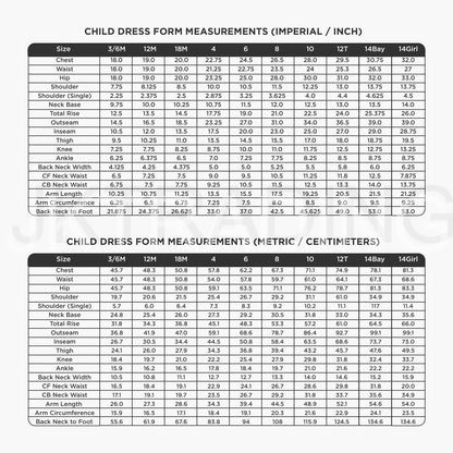 Child dress form measurements chart in imperial and metric systems.