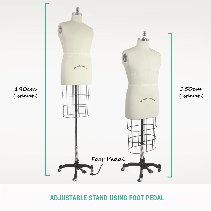 Two dress forms with adjustable stands and foot pedals, showing height estimates.