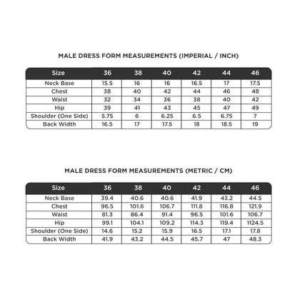 Measurement chart for male dress forms in imperial and metric units.