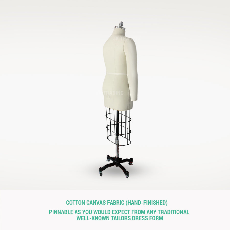White mannequin on a black stand with text about cotton canvas fabric.