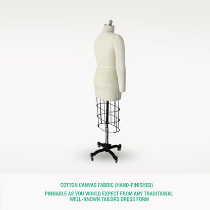 White mannequin on a black stand with text about cotton canvas fabric.