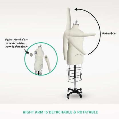 Mannequin with detachable and rotatable arm on a white background